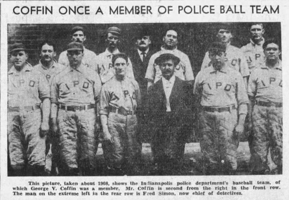 A newspaper clipping with a photo headlined "Coffin Once Member of Police Ball Team" shows two rows of men in baseball uniforms.