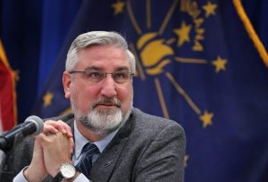 Gov. Eric Holcomb speaks at the Indiana Government Center South, 2022