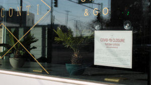 Bovaconti Coffee Shop in Indianapolis' Fountain Square neighborhood let customers know it closed until further notice due to COVID-19, 2020