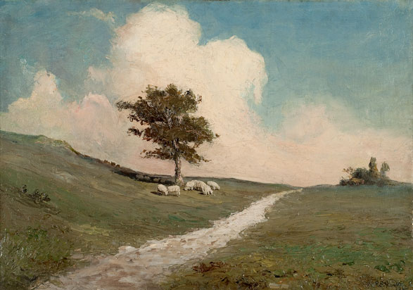 A painting depicting a path in the middle of a grassy field. Sheep are gathered under a tree. 