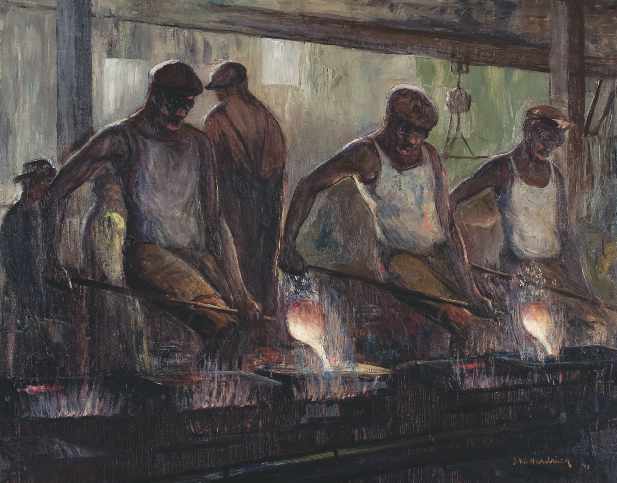 A painting depicting a line of Black men working over a forge. 