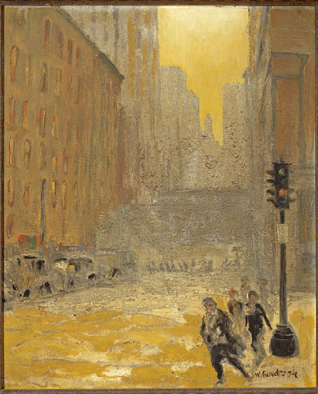 A painting depicting a gold-toned city street scene. Several people are shown walking down a street. 