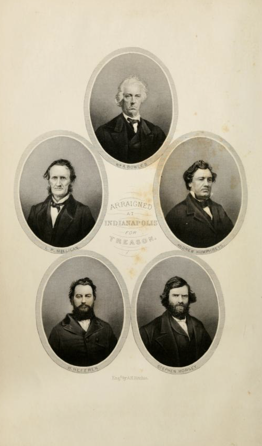 On a single page, photographs of the five defendants are arranged around the words "Arraigned at Indianapolis for Treason".
