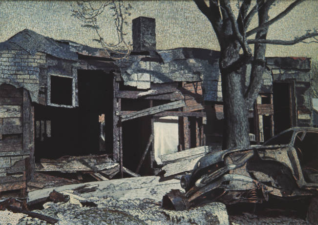 Painting of a dilapidated house with loose boards hanging off and a wrecked car in the front by a tree.