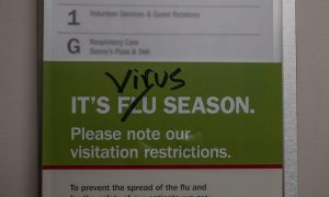 A sign inside IU Health Methodist is marked out during the coronavirus pandemic, 2020