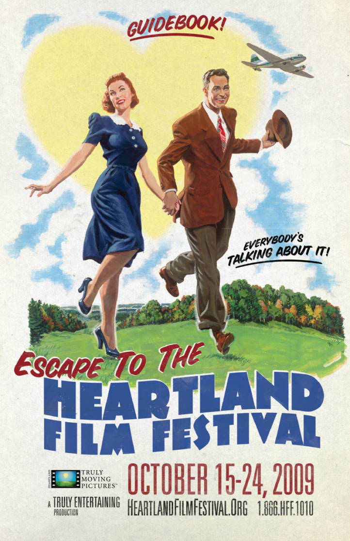 On the cover of the guidebook, a fifties-era couple holds hands and runs across a hill. The text reads "Everbody's Talking About it!" and "Escape to the Heartland Film Festival" and the dates.