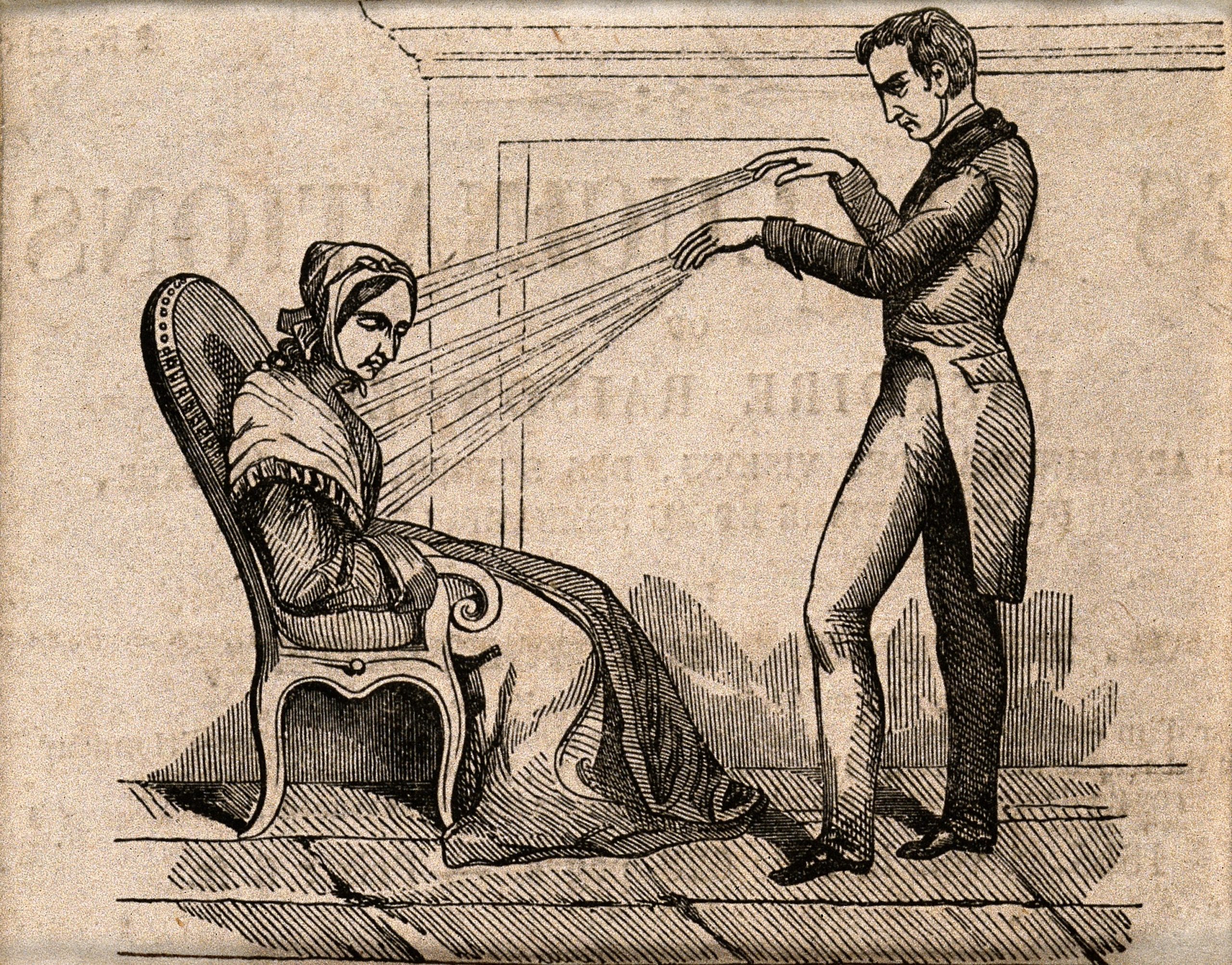 An illustration of a man holding his hands in front of a seated woman. Lines are drawn from the man's hands to the woman. 