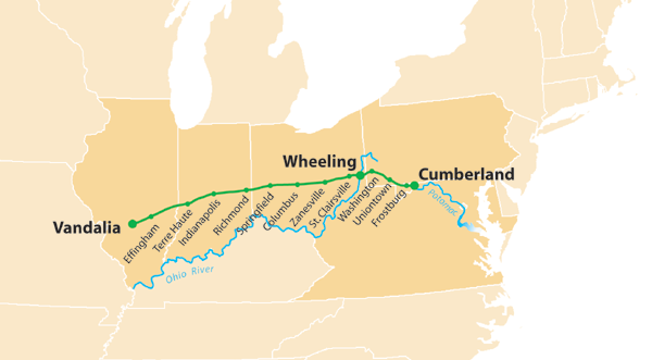 The map shows a route that runs from Illinois to Pennsylvania.