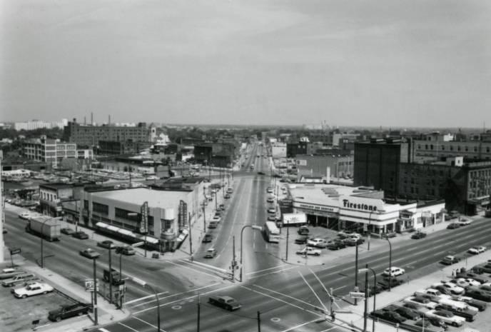 Aerial view of three intersecting streets.