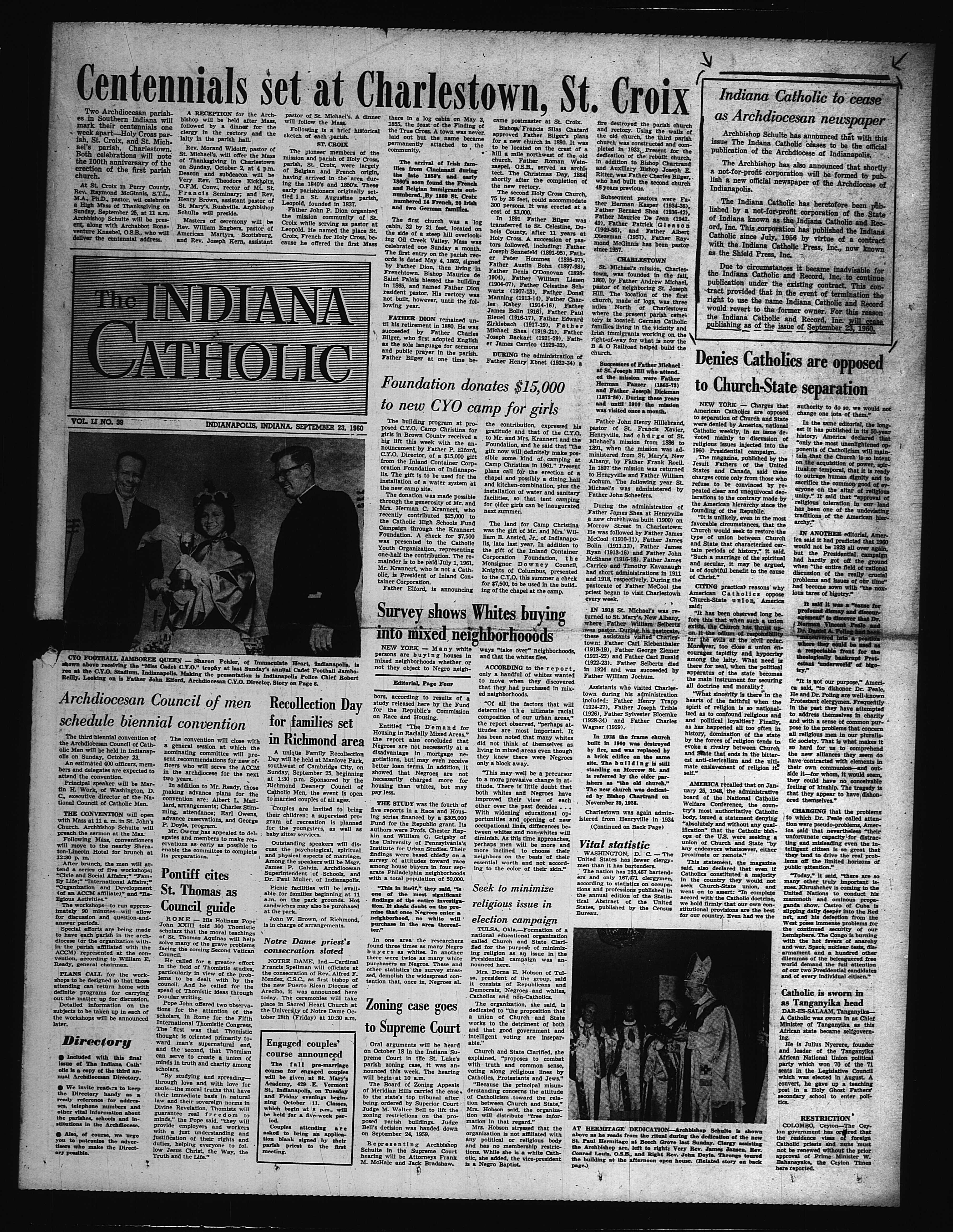 The front page of the last issue of the Indiana Catholic.