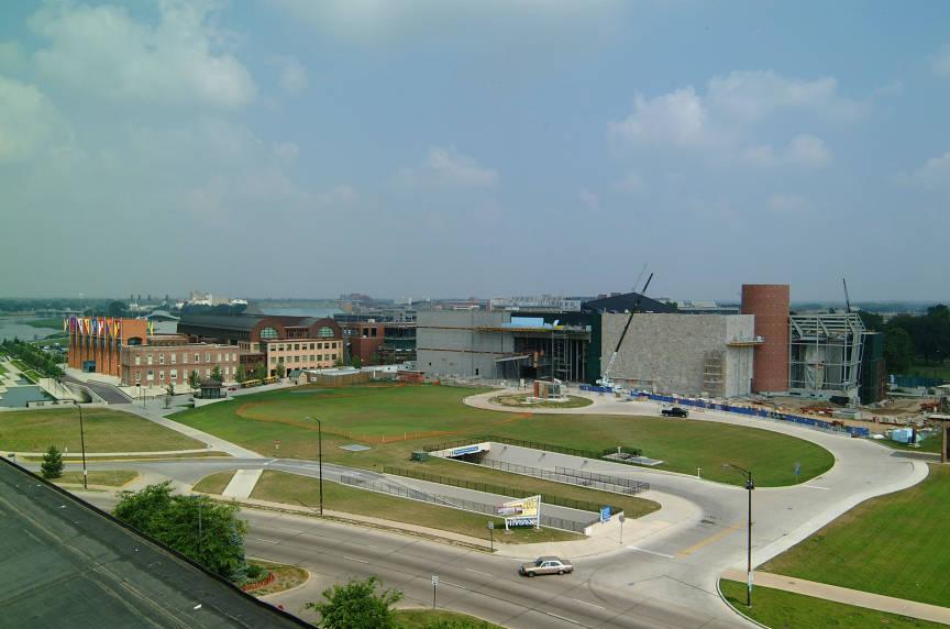 A view of the front of the Indiana State Museum under construction.