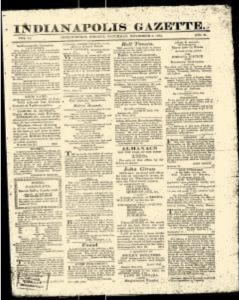 The yellowed front page of an old newspaper has "Indianapolis Gazette" at the top and several small articles and advertisements.