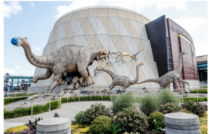 The Children's Museum of Indianapolis dinosaurs wear their own masks to encourage Indianapolis residents and visitors to wear masks, 2020