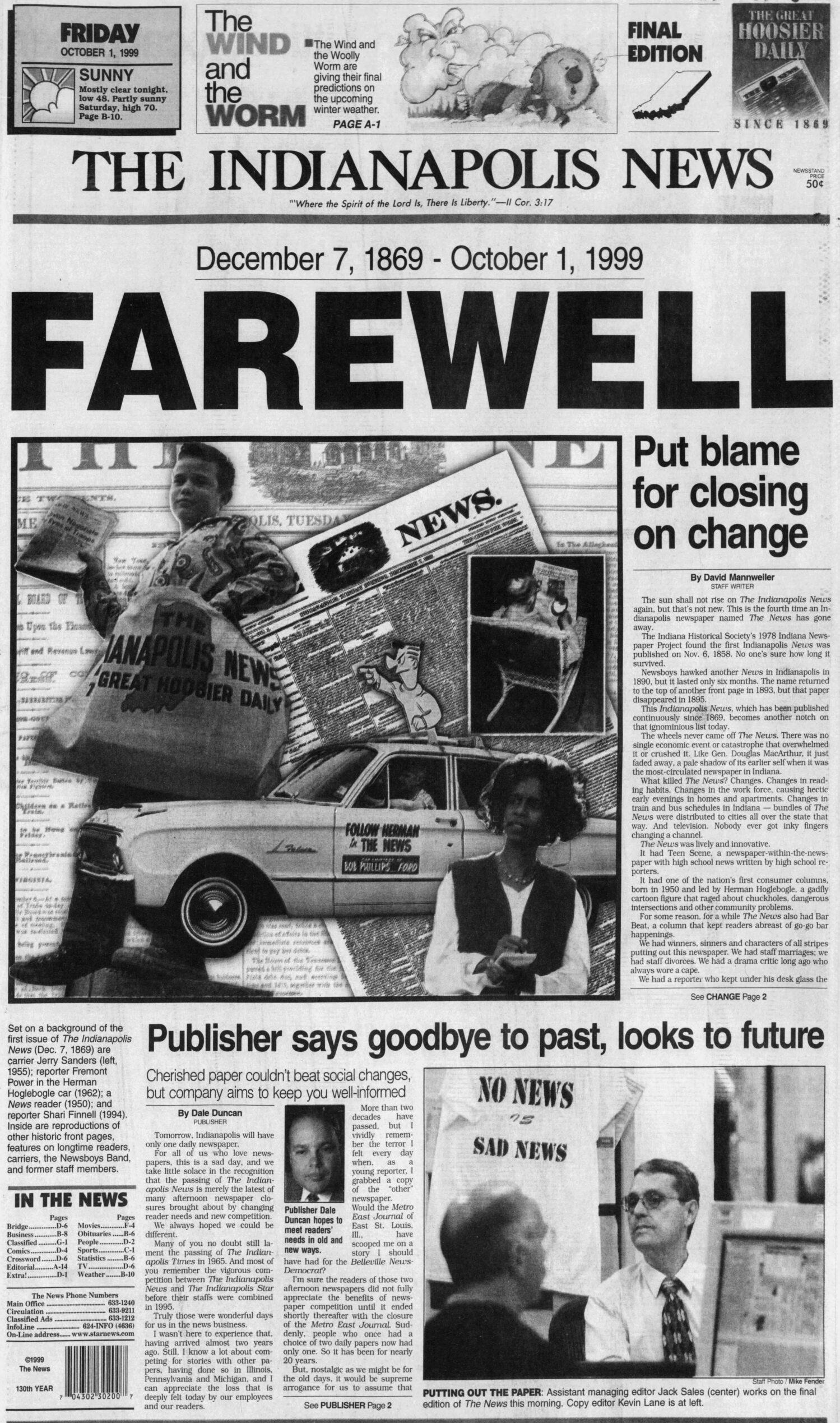 The front page of a newspaper. Large letters spell out Farewell.