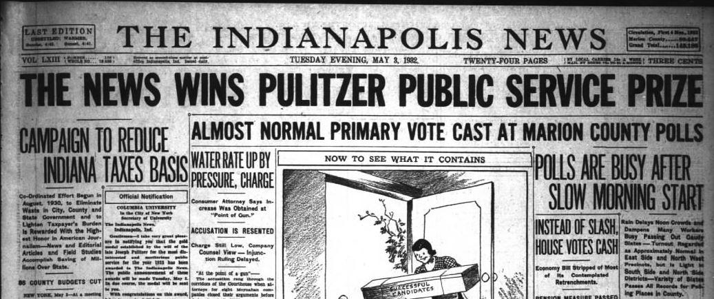 Front page of a newspaper with the headline " The news wins pulitzer public service prize."