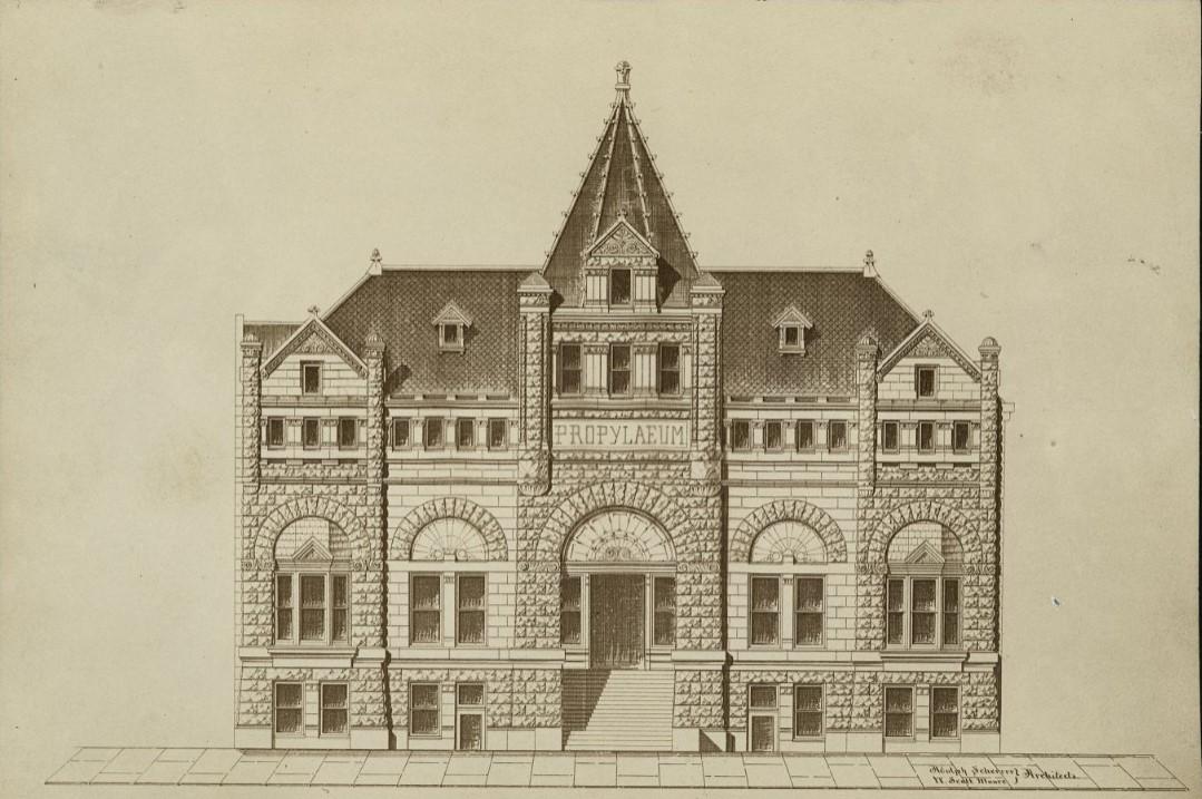 Architectural drawing of a multi-story building. A central entrance is flanked by mirrored sides that include two sets of two windows with arches above them.