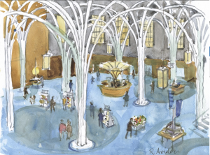 This sketch of the atrium of the Indianapolis Central Public Library was completed by Roberta Avidor, a local Indianapolis artist.