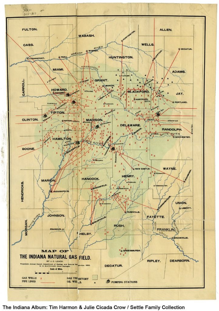 Map showing the counties in the northeast portion of Indiana. The map shows the locations of gas wells, pipelines, and oil wells.