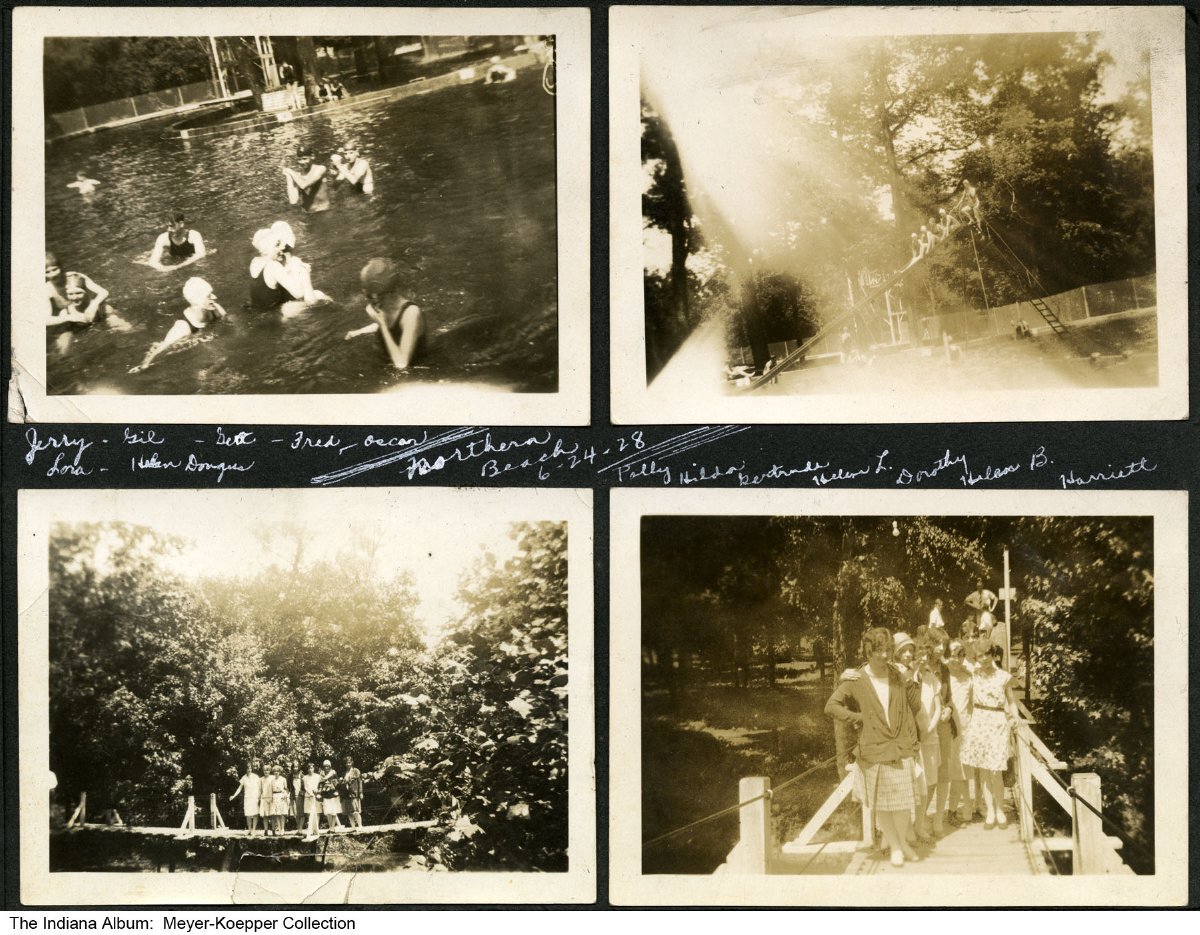 A collection of four old photos shows people engaged in various outdoor activities.
