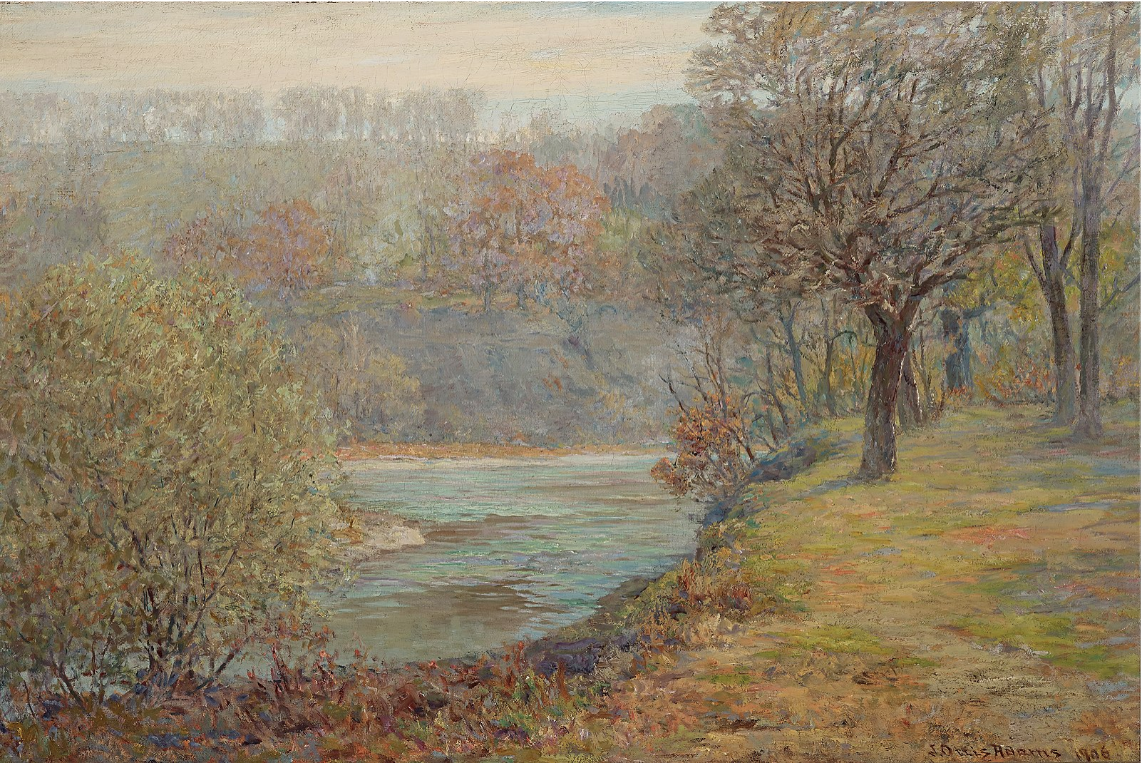 Oil painting of a landscape with trees and a river.