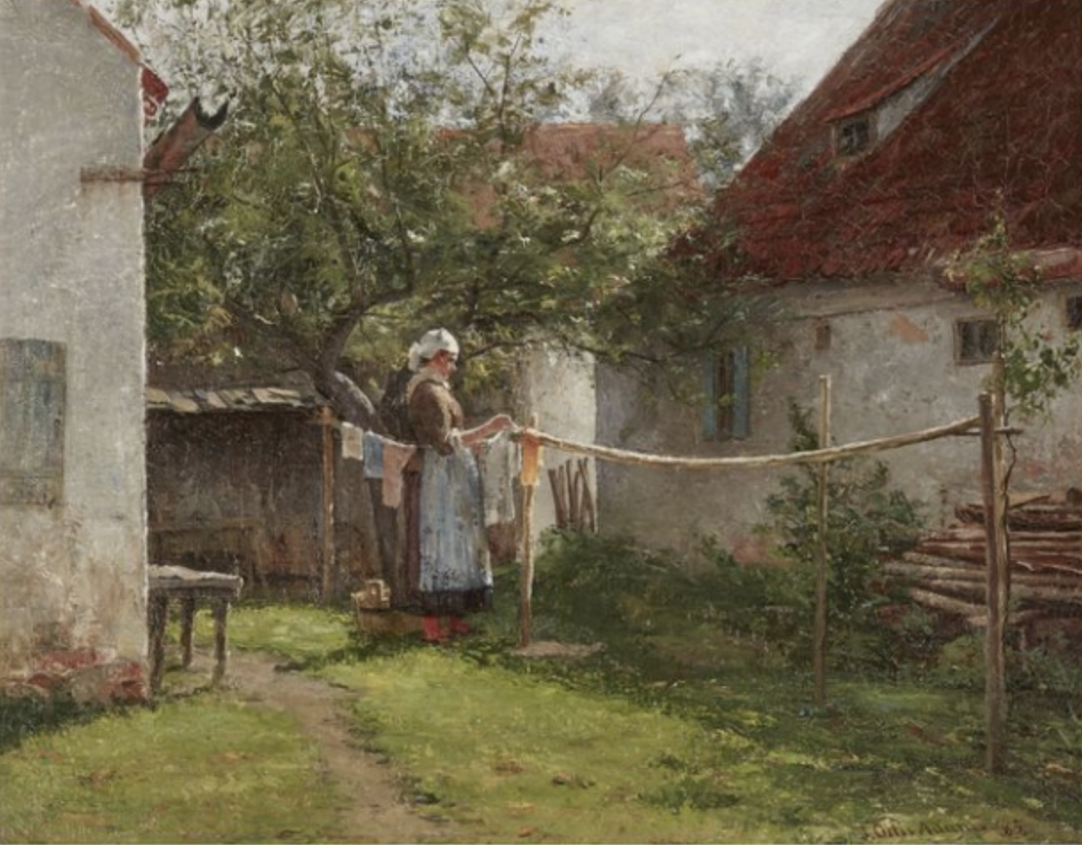 An oil painting shows a woman hanging laundry outside.