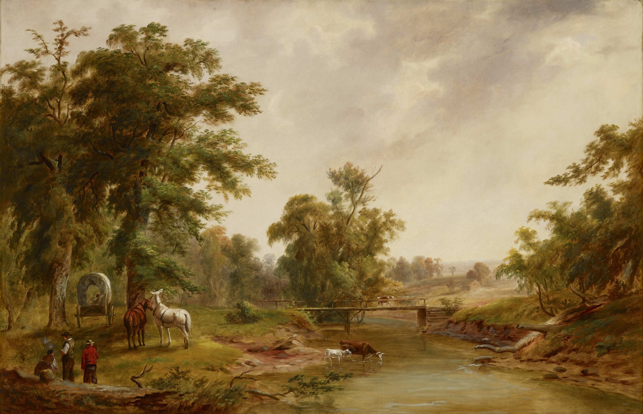 A painting of a creek running under a bridge. Cattle are drinking from the creek while people sit on the banks. A wagon and two horses are also on the banks.