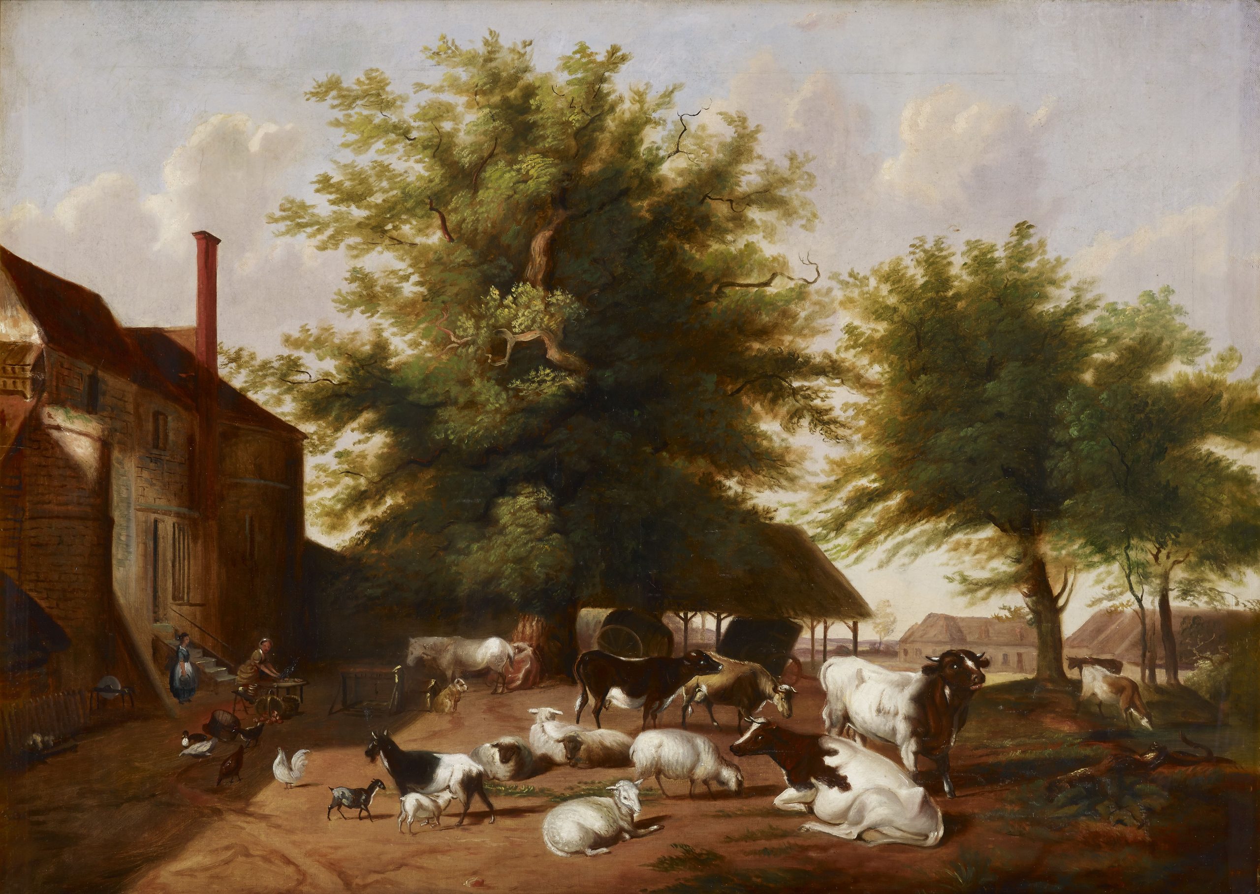 Painting of a farmyard with cattle, sheep, goats, chickens and other farm animals. 