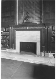 Bust honoring James Whitcomb Riley on fireplace mantel in East Reading Room at Central Library, ca. 1920s