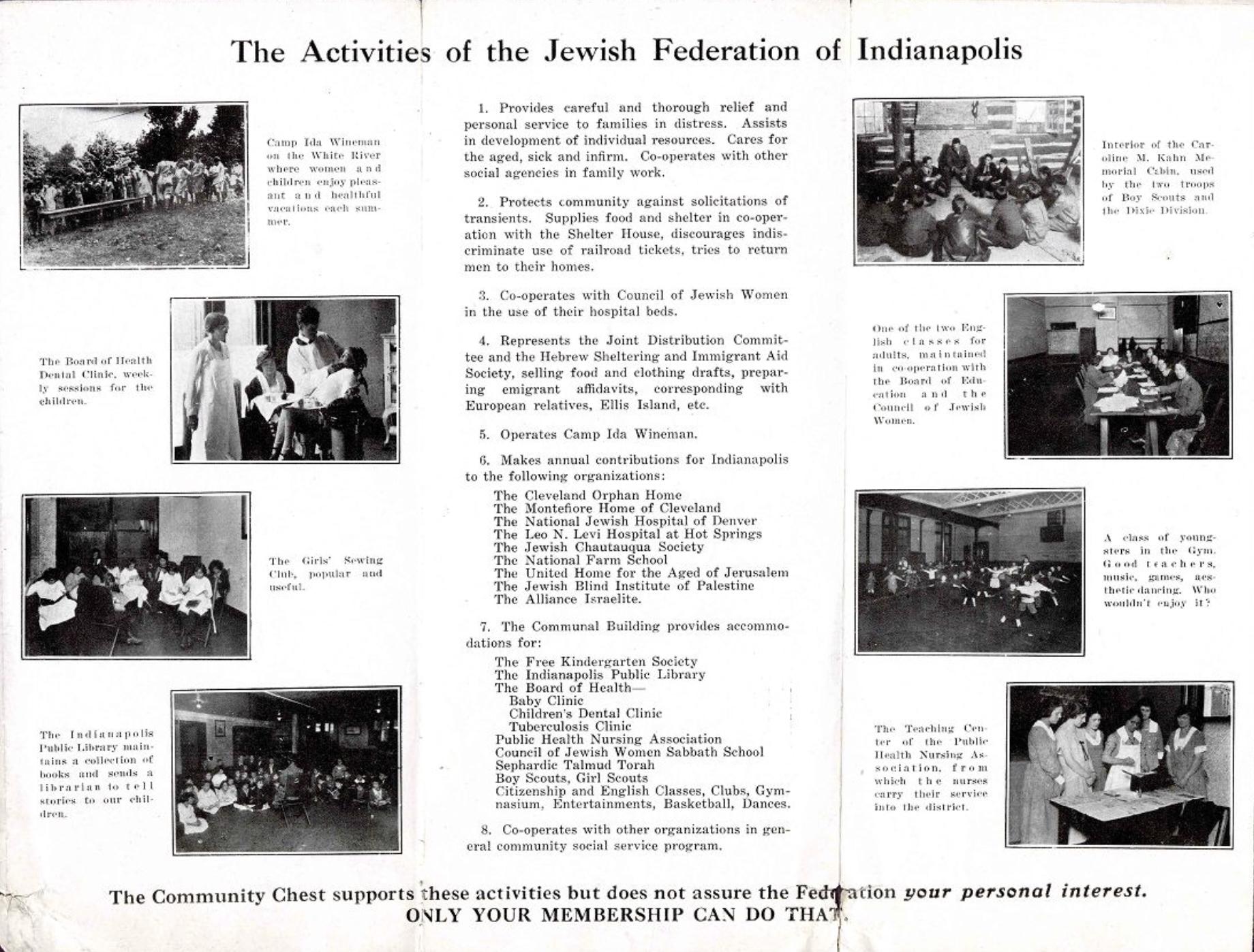 The inside of a tri-fold brochure. Images of people performing various actions line the sides and text fills the center.