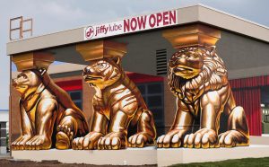 Indianapolis artist Carl Leck's 3D mural creation on the Jiffy Lube off of Olivia Way in Fishers, 2020