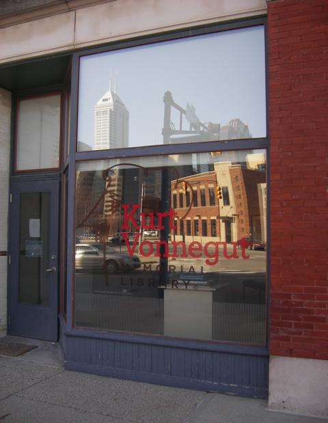 Front window of the Kurt Vonnegut Library.
