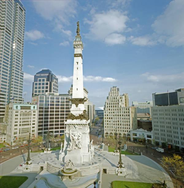 View of the East Quadrants of Monument Circle. The Soldiers and Sailors monument is in the center and building fill out the background.