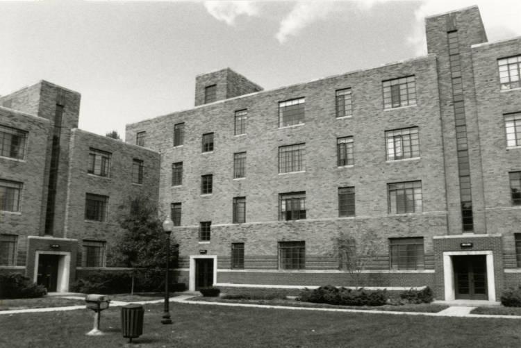Exterior of one of the Lockefield Gardens apartments. The building is four stories tall.