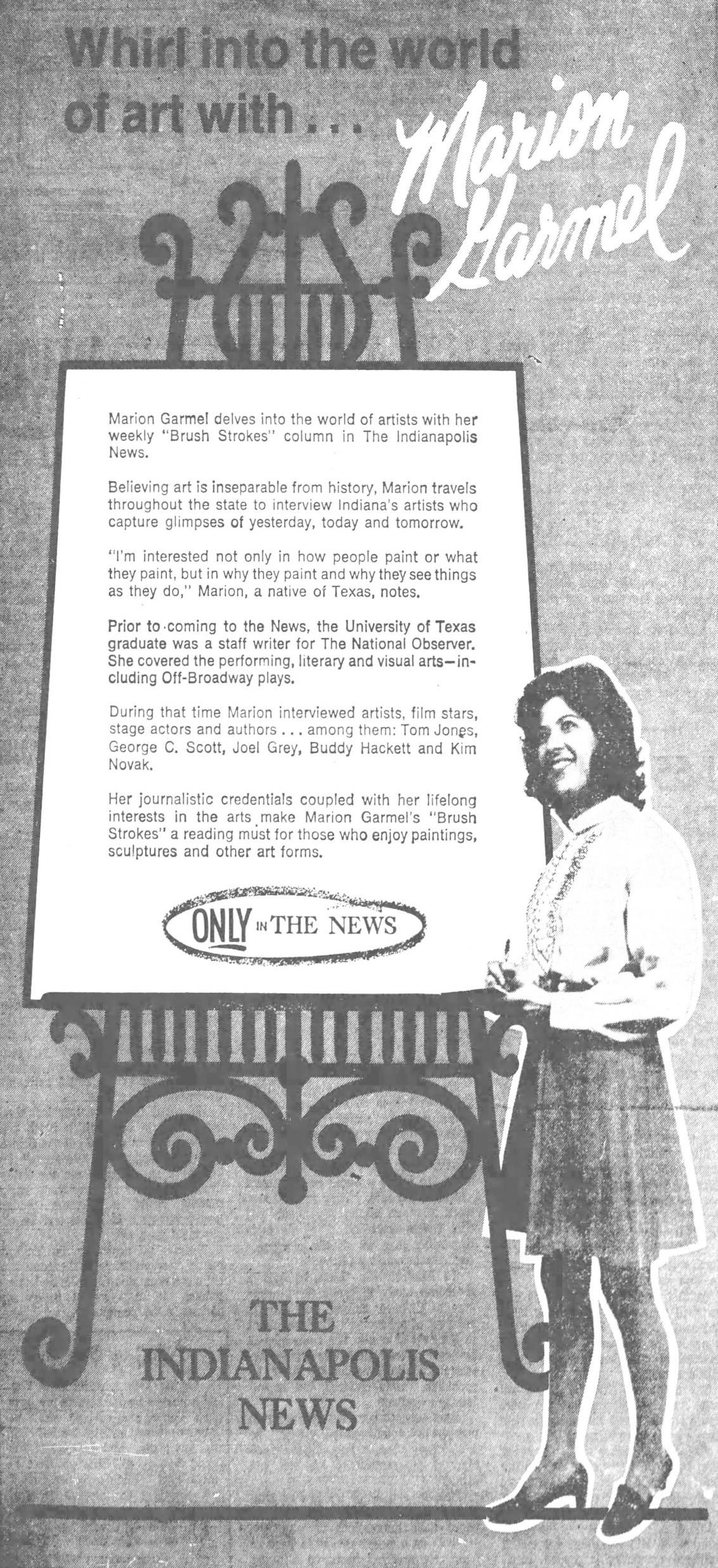 The advertisement shows a woman standing next to an over-sized easel. Above the easel is "Whirl into the world of art with...Marian Garmel."