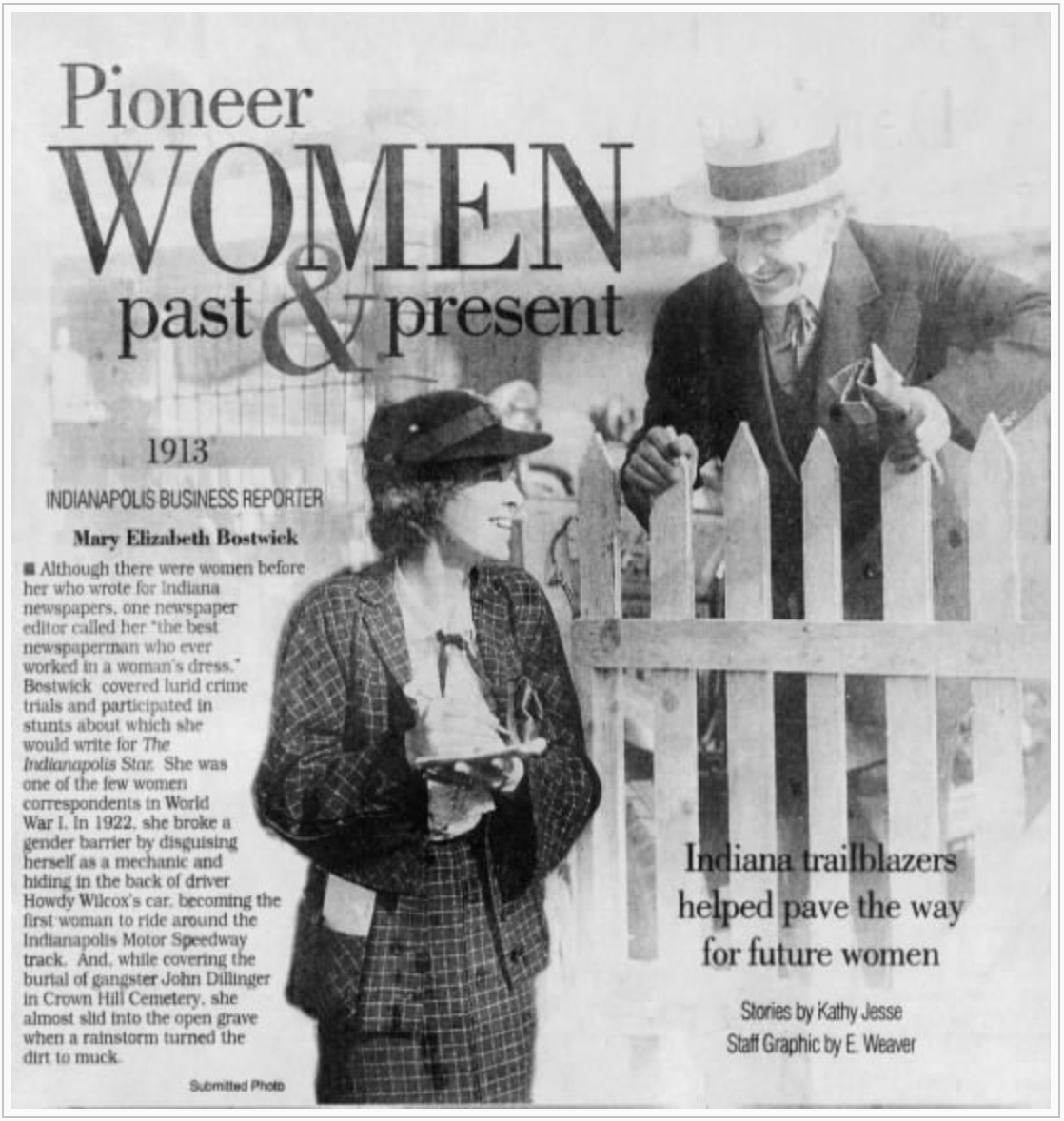 This picture of the article shows, along with the text, a woman writing in a notepad while speaking to a man who is leaning over a picket fence. The title of the article is "Pioneer Women past & present".