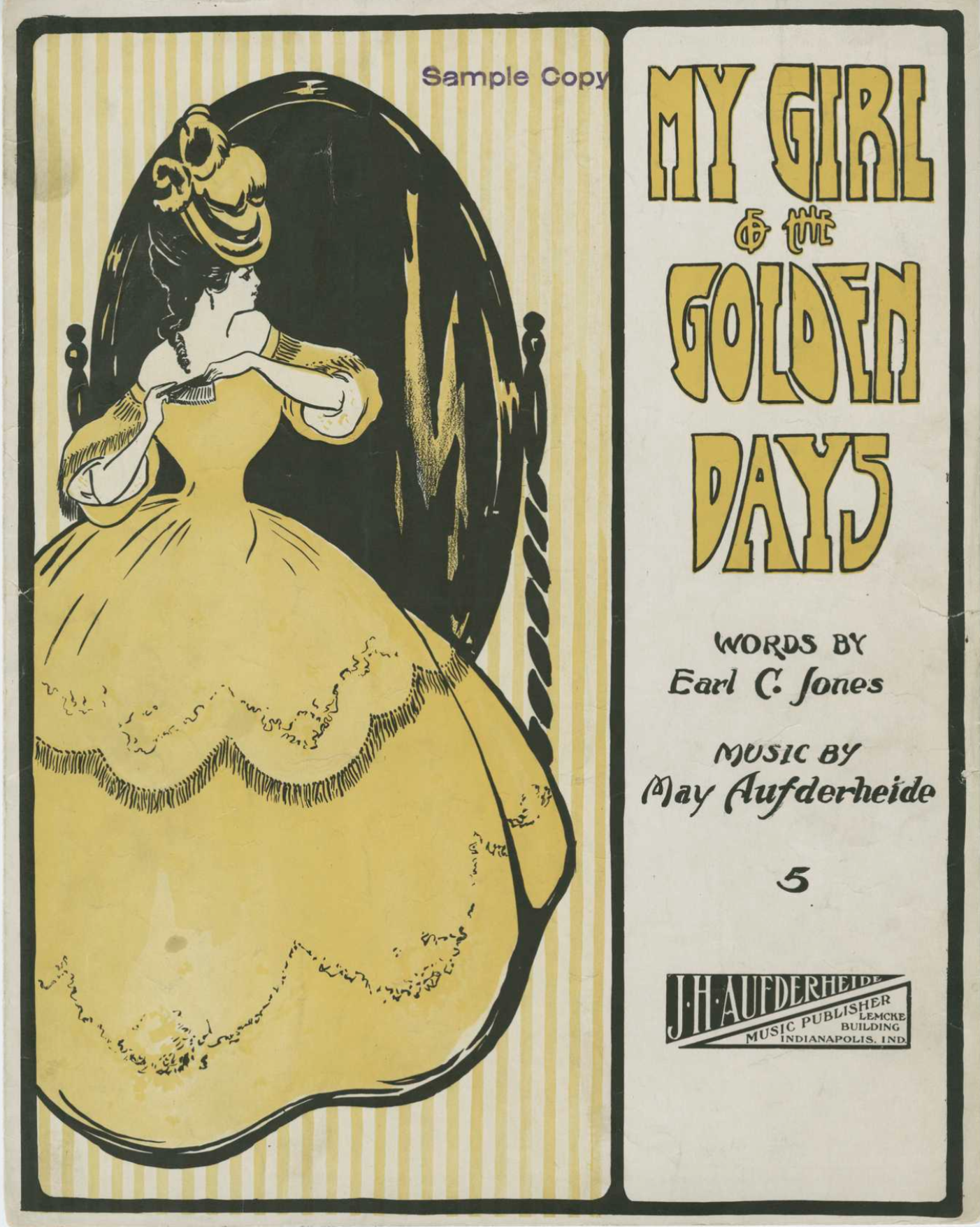 Cover of sheet music for "My Girl of the Golden Days." The cover features an illustration of a woman in a large dress, and she is standing in front of a full length mirror. 