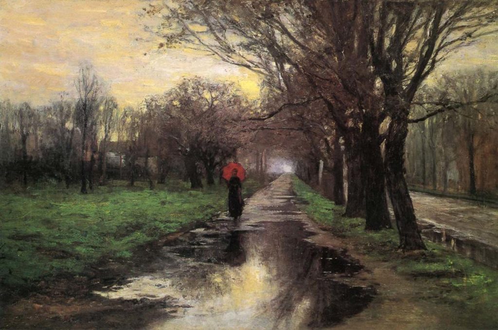 Painting depicting a woman walking down a tree-lined dirt path and holding a red umbrella.