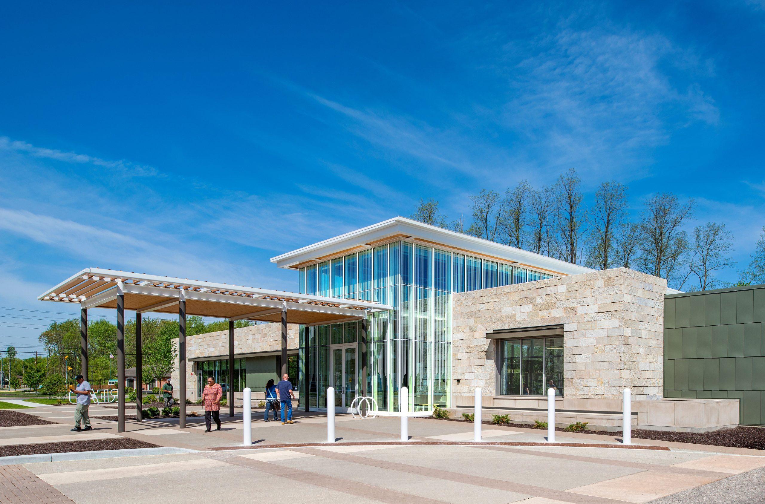 Exterior view of the entrance of a library building.