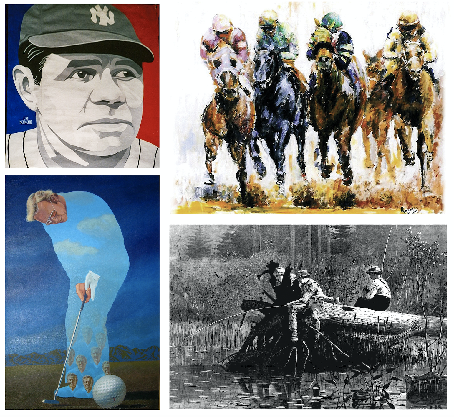 Four pieces of art in a collage. The top left painting is of Babe Ruth; the top right painting is of four horses with riders; the bottom left painting is of Arnold Palmer golfing; and the bottom right is an illustration of people fishing. 