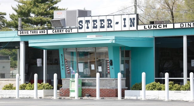 Exterior view of a diner with a central entrance.