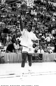 NBA star, Oscar Robertson is shown here in 1984 shooting a layup prior to a game at Market Square Arena.