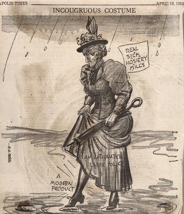 A cartoon showing a woman holding her skirts up  to keep them from getting wet. Words on her skirts read "An antiquated labor policy" while words next to her leg read "A modern product."