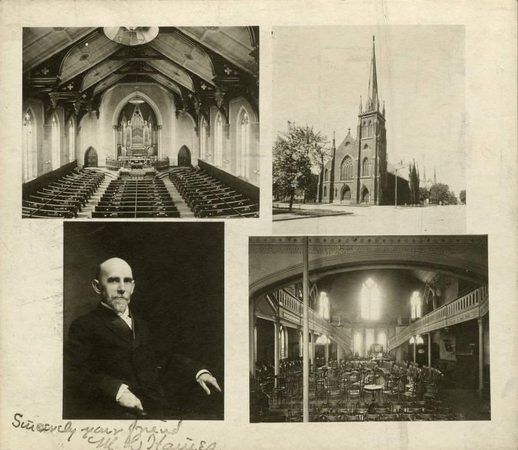 A collage of four images. Two of the images show interior views of the church sanctuary, one shows a portrait of a man, and the other shows an exterior view of the church building. 