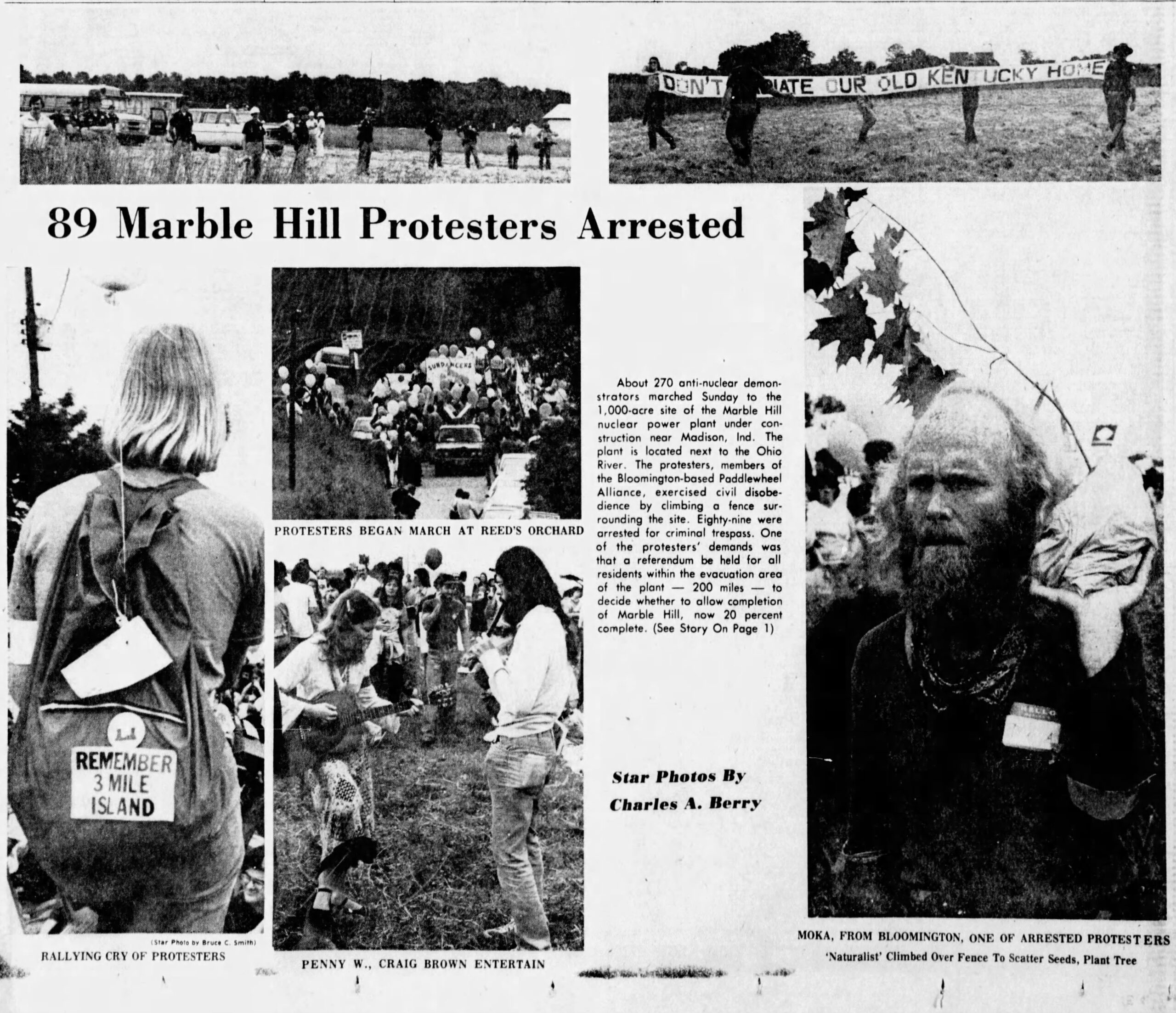 A news paper clipping showing several views of people protesting. The headline reads "89 Marble Hill protestors arrested."