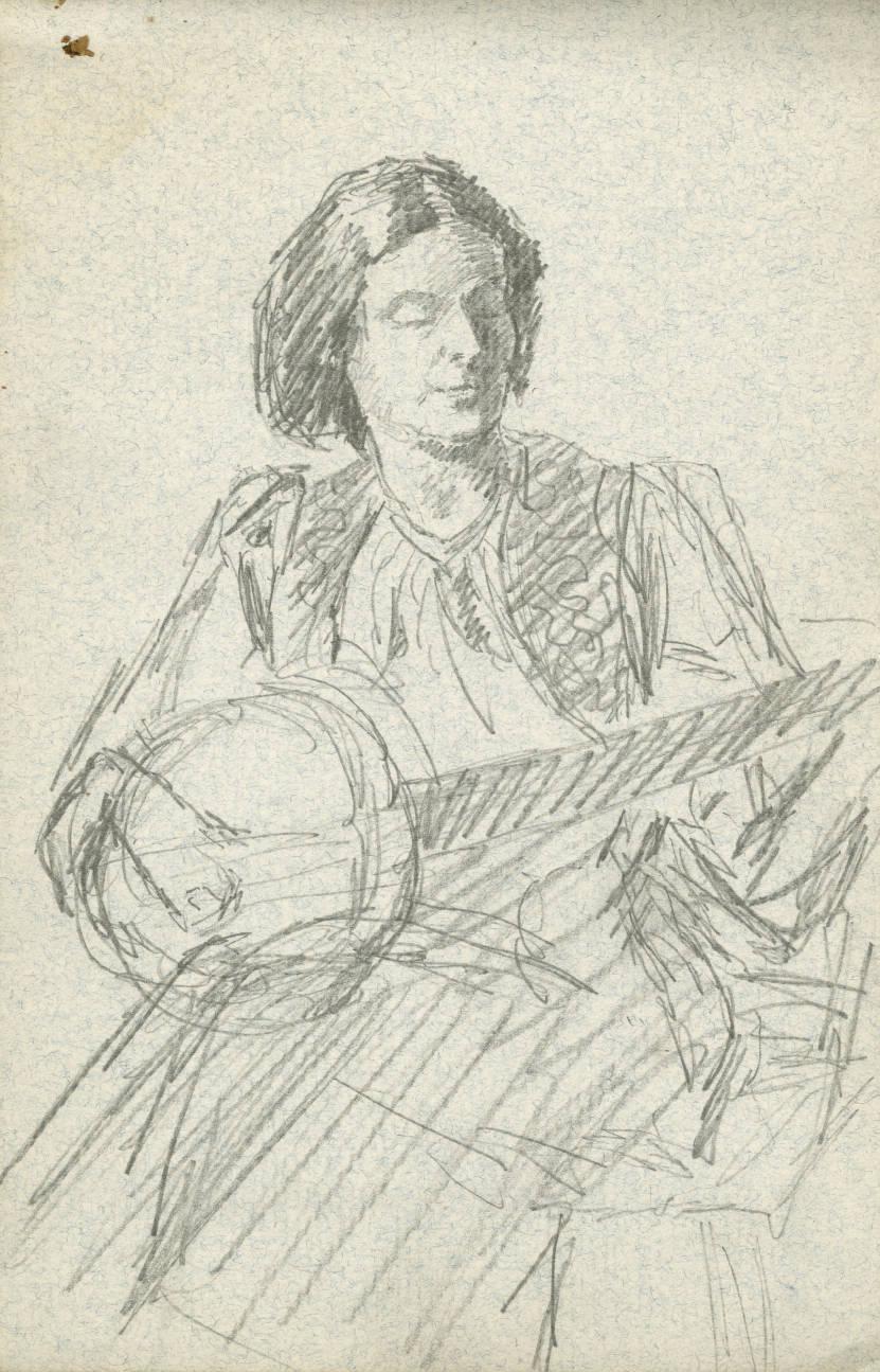 A pencil sketch of a woman playing a banjo.