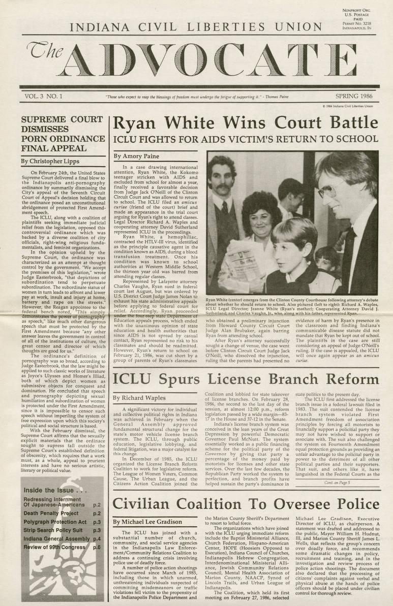 A newsletter features an image of Ryan White and his mother. The headline reads "Ryan White wins court battle."