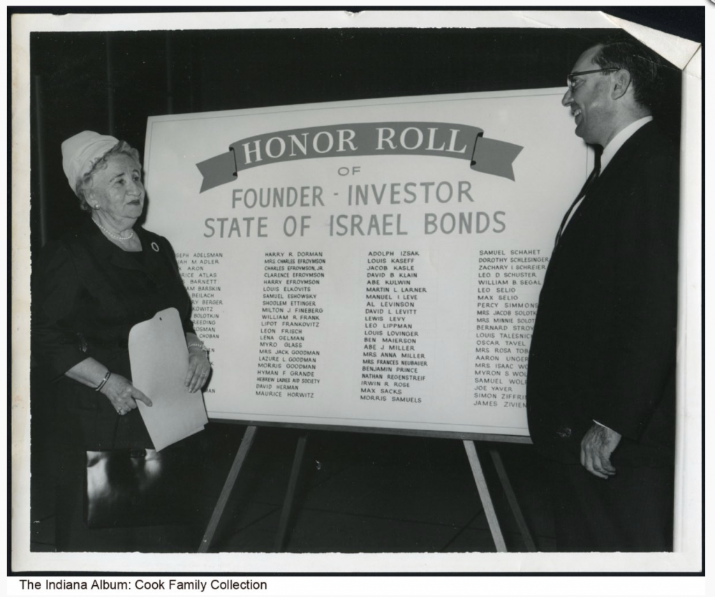 A woman and a man stand on either side of a large board sign titled "Honor Roll of Founder - Investor State of Israel Bonds" under the title are four columns of names.