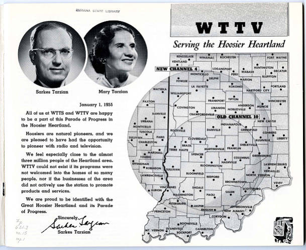 An ad with individual photos of Sarkes and Mary. The ad also features an illustration of Indiana with circles showing the W T T V service area.