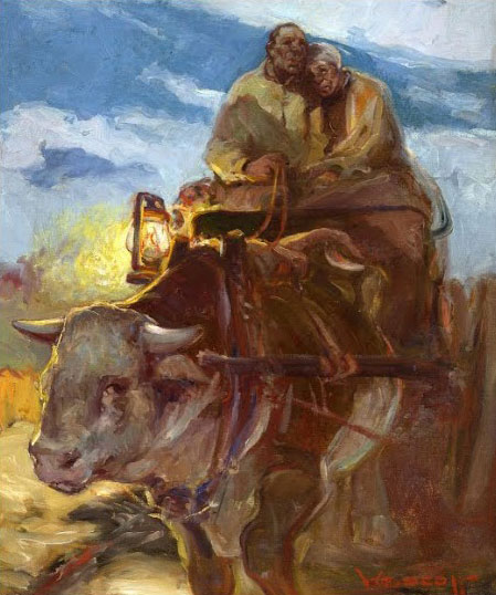 A painting depicting an older couple riding on the back of an ox. 