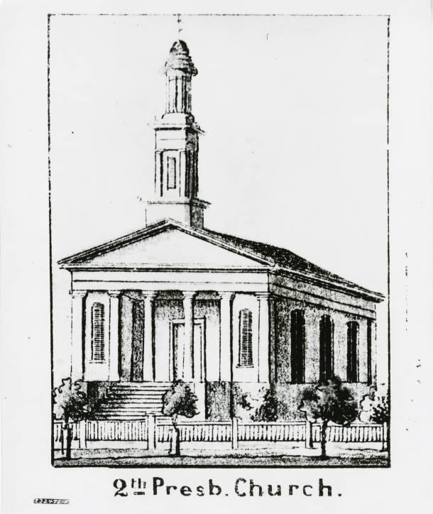 Drawing of a small building with columns along the front and a singe central spire.